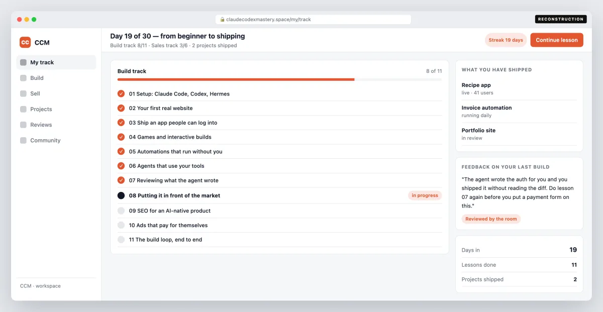 Claude Codex Mastery — A member 19 days in — the build track, what they have shipped, and the room's feedback on it