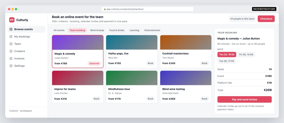 Culturly Marketplace — Booking an event for the team — browse, pick a date, pay, and the invites go out